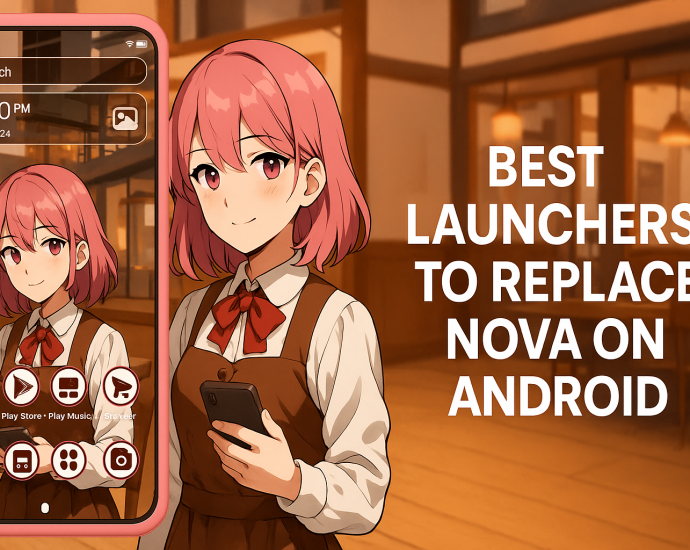 Smartphone displaying anime-style Android launcher with pink-haired character and bold text “Best Launchers to Replace Nova on Android” in a cozy café background.