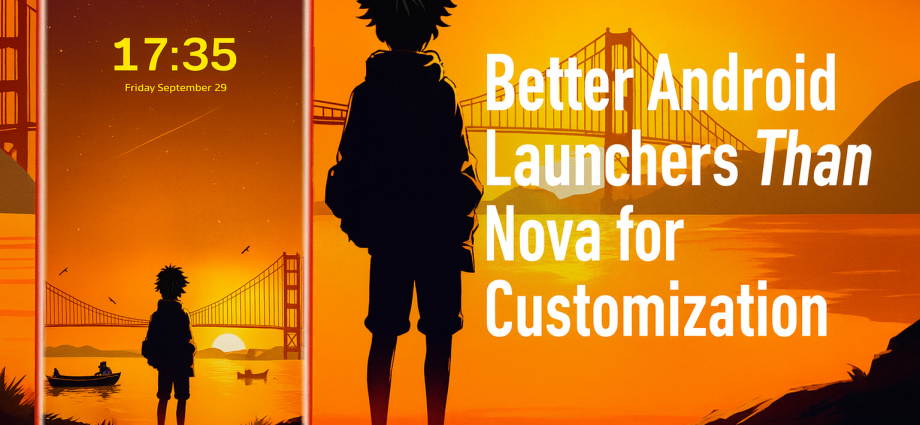 A wide 1600×600 blog banner featuring a full-size smartphone with a sunset-themed Android launcher. The background shows a glowing orange sunset with bridges and water reflections. On the right, bold white text reads: “Better Android Launchers Than Nova for Customization.”
