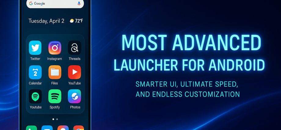 Advanced Android launcher interface with smart widgets, neon icons, and smooth customization features.