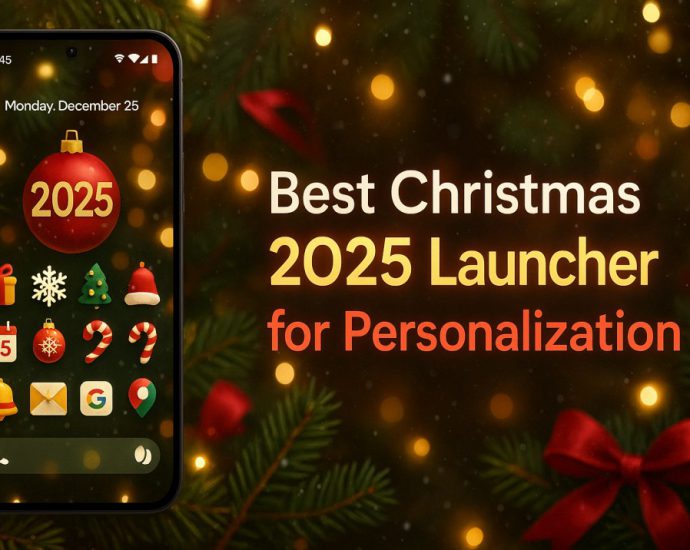 Festive Christmas launcher banner showing bright icons, winter colors, and smooth Android personalization for a cheerful 2025 phone setup.
