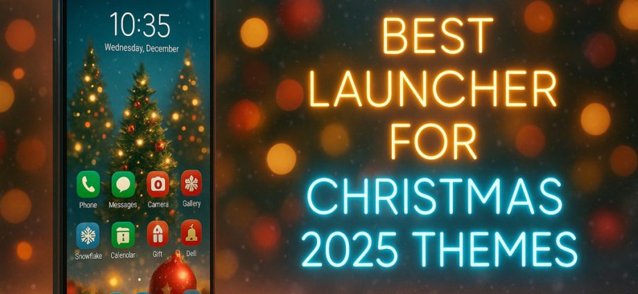 Christmas 2025 Android launcher banner showing glowing icons and a festive winter wallpaper inside a bright seasonal home screen layout.