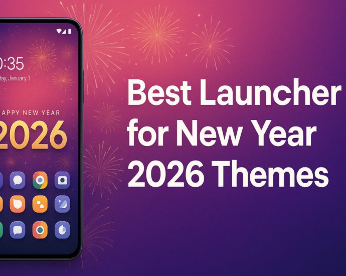 A clean New Year themed launcher layout on a modern Android phone showing bright icons and smooth festive customization.