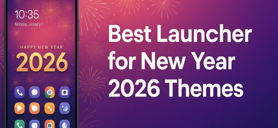 A clean New Year themed launcher layout on a modern Android phone showing bright icons and smooth festive customization.