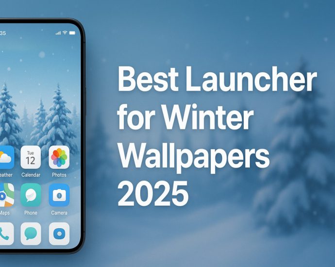 Winter themed Android launcher banner with a clean layout, soft blue tones, and a modern phone showing a cozy seasonal wallpaper for 2025 users.