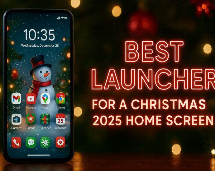 Festive Android home screen with Christmas icons, bright wallpaper, and smooth CMM Launcher layout for a warm 2025 look.