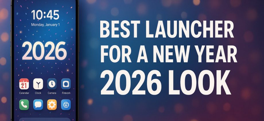 A vibrant New Year 2026 themed Android launcher setup with glowing icons and a clean festive home screen layout on a modern smartphone.