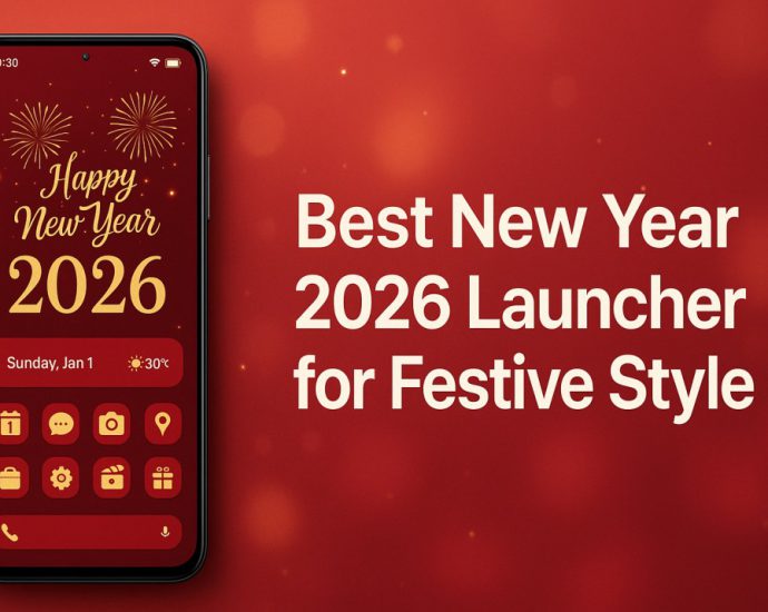 Best New Year 2026 launcher banner showing a festive Android home screen with custom icons, premium smartphone mockup and modern design
