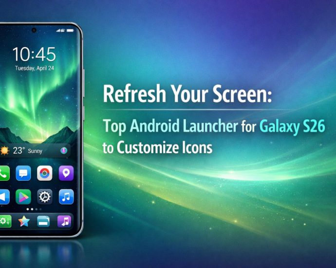 Top Android Launcher for Galaxy S26 showing clean icon customization with a modern Samsung home screen layout