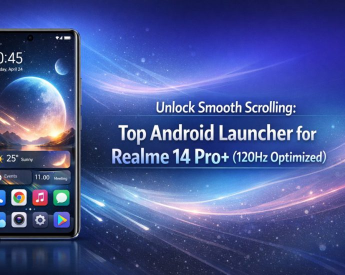Top Android launcher for Realme 14 Pro Plus showing smooth 120Hz scrolling, clean UI layout, and fluid animations without lag