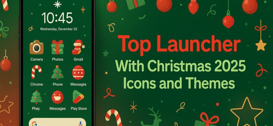 A festive Android home screen showing Christmas 2025 icons, snowy wallpaper, and gentle light effects for a warm holiday look.