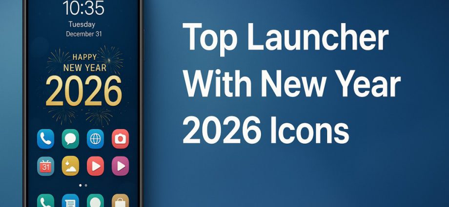 Festive Android launcher banner showing New Year 2026 icons with a modern layout and vibrant colors for a stylish home screen upgrade.