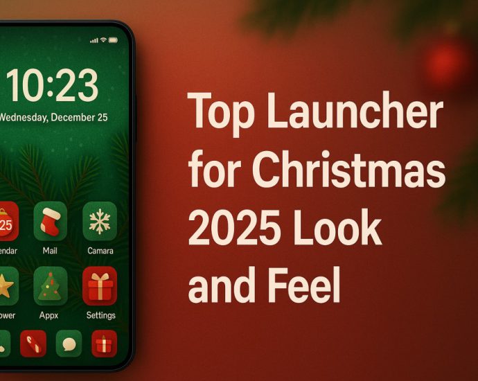 Festive Christmas 2025 launcher banner showing warm icons, themed wallpaper, and a polished seasonal interface for a joyful smartphone experience.