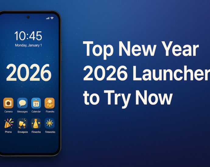 A clean New Year themed Android launcher preview showing a fresh layout, smooth icons, and a modern festive background for an upgraded 2026 home screen.