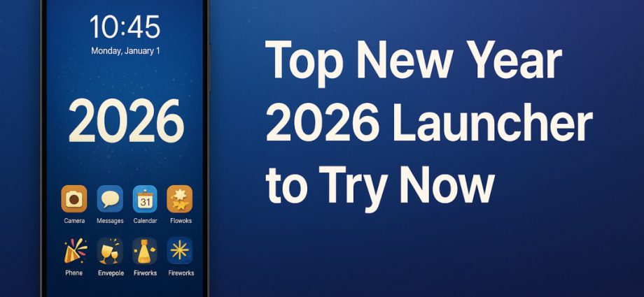 A clean New Year themed Android launcher preview showing a fresh layout, smooth icons, and a modern festive background for an upgraded 2026 home screen.