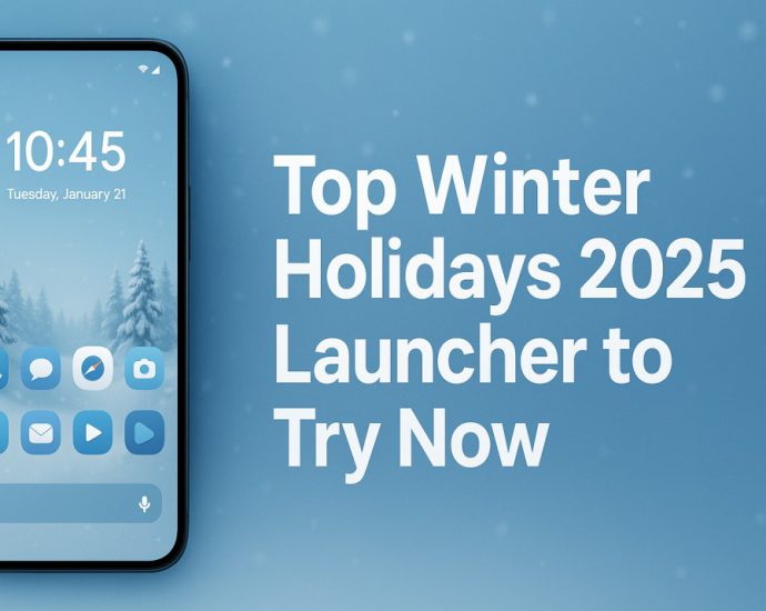 Festive Winter Holidays 2025 Launcher banner showing bright seasonal UI with smooth icons and clean Android layout on a modern smartphone.
