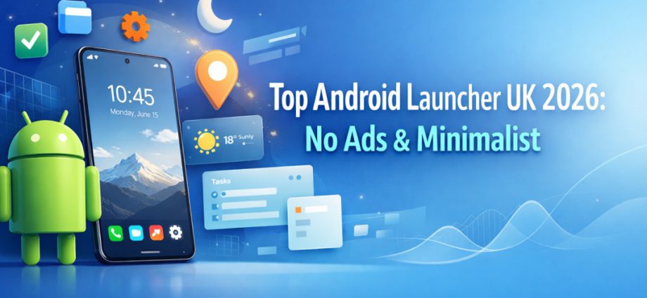 Top android launcher uk 2026 showing a clean minimalist home screen with no ads, smooth icons, and distraction free layout