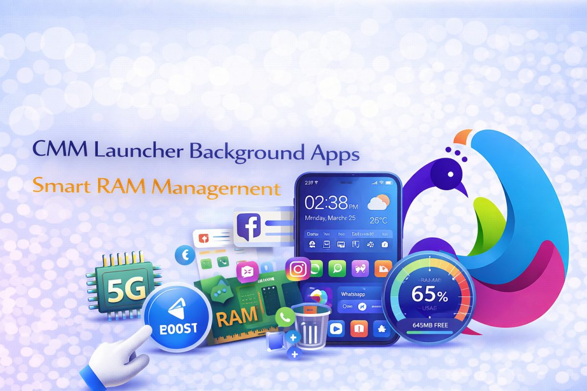 CMM Launcher Background Apps showing smart RAM management, optimized Android performance, and smooth multitasking experience