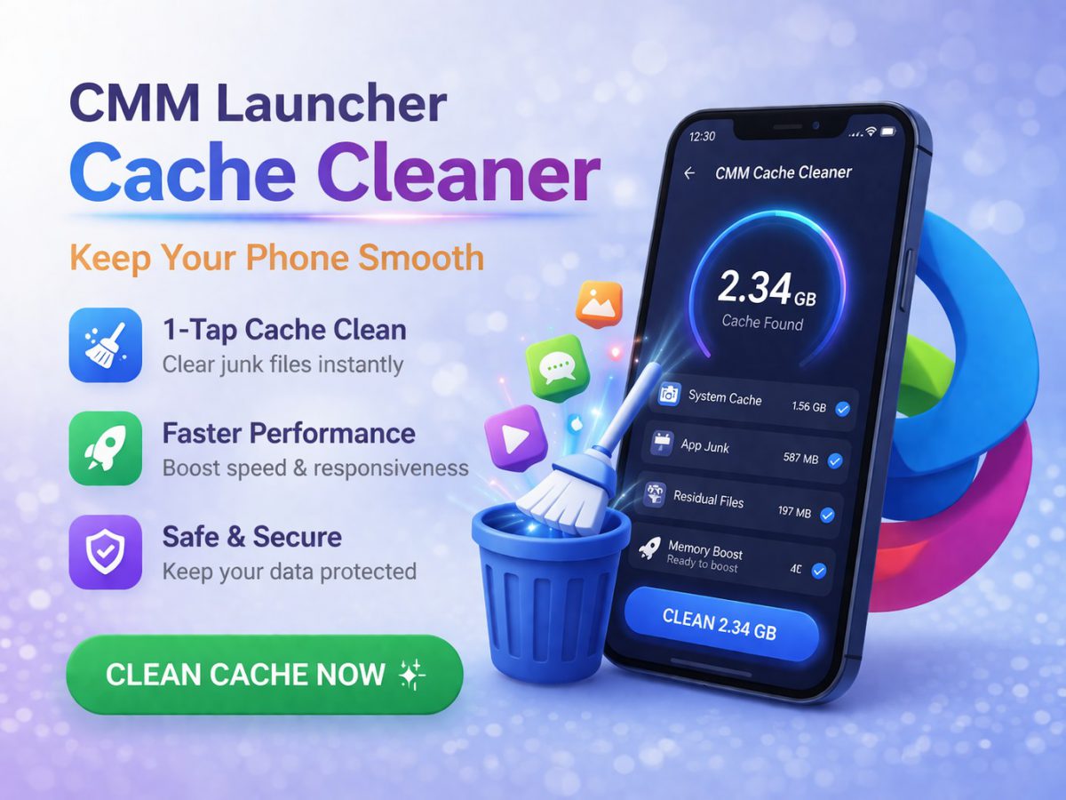 CMM Launcher Cache Cleaner removing junk files, optimizing storage, and improving Android performance with smooth system operation