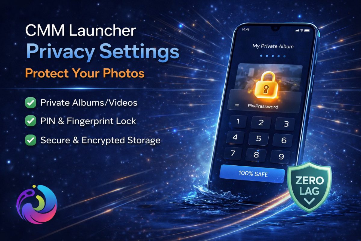 CMM Launcher Privacy Settings interface showing secure photo protection and hidden folder features for Android users