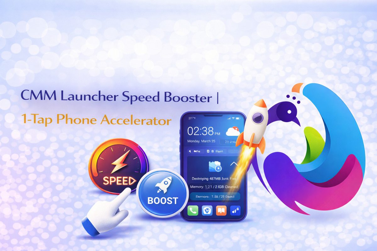 CMM Launcher Speed Booster showing 1 tap acceleration, fast Android performance boost, and smooth UI optimization features