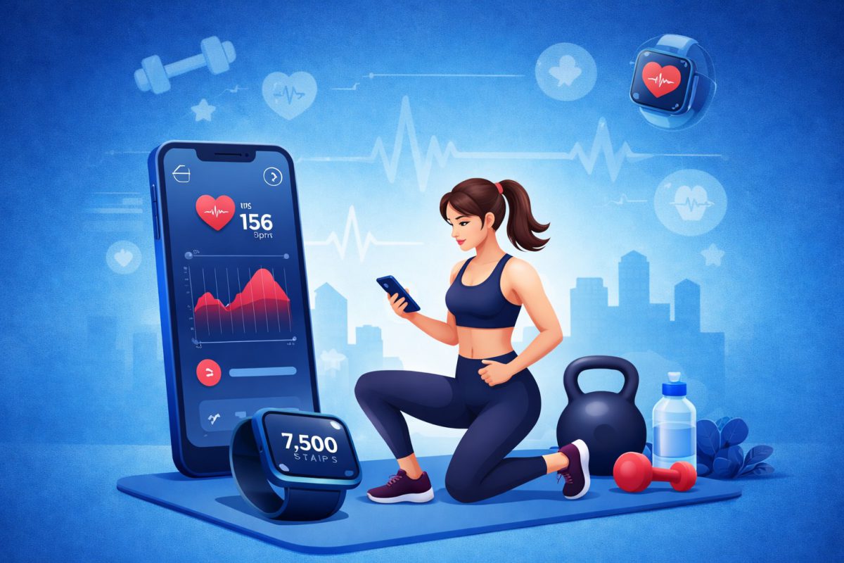 Fitness app concept showing workout tracking on smartphone with smartwatch, gym equipment, and healthy lifestyle elements